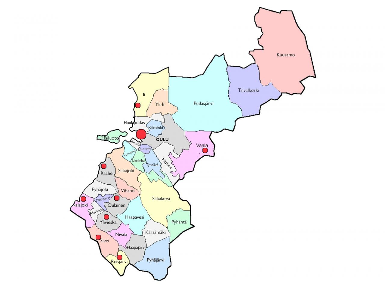 Maakuntakartta johon aktiiviset kerhot on merkitty pallukalla. Ii, Kalajoki, Oulainen, Oulu, Raahe, Reisjärvi, Sievi, Vaala, Ylivieska.