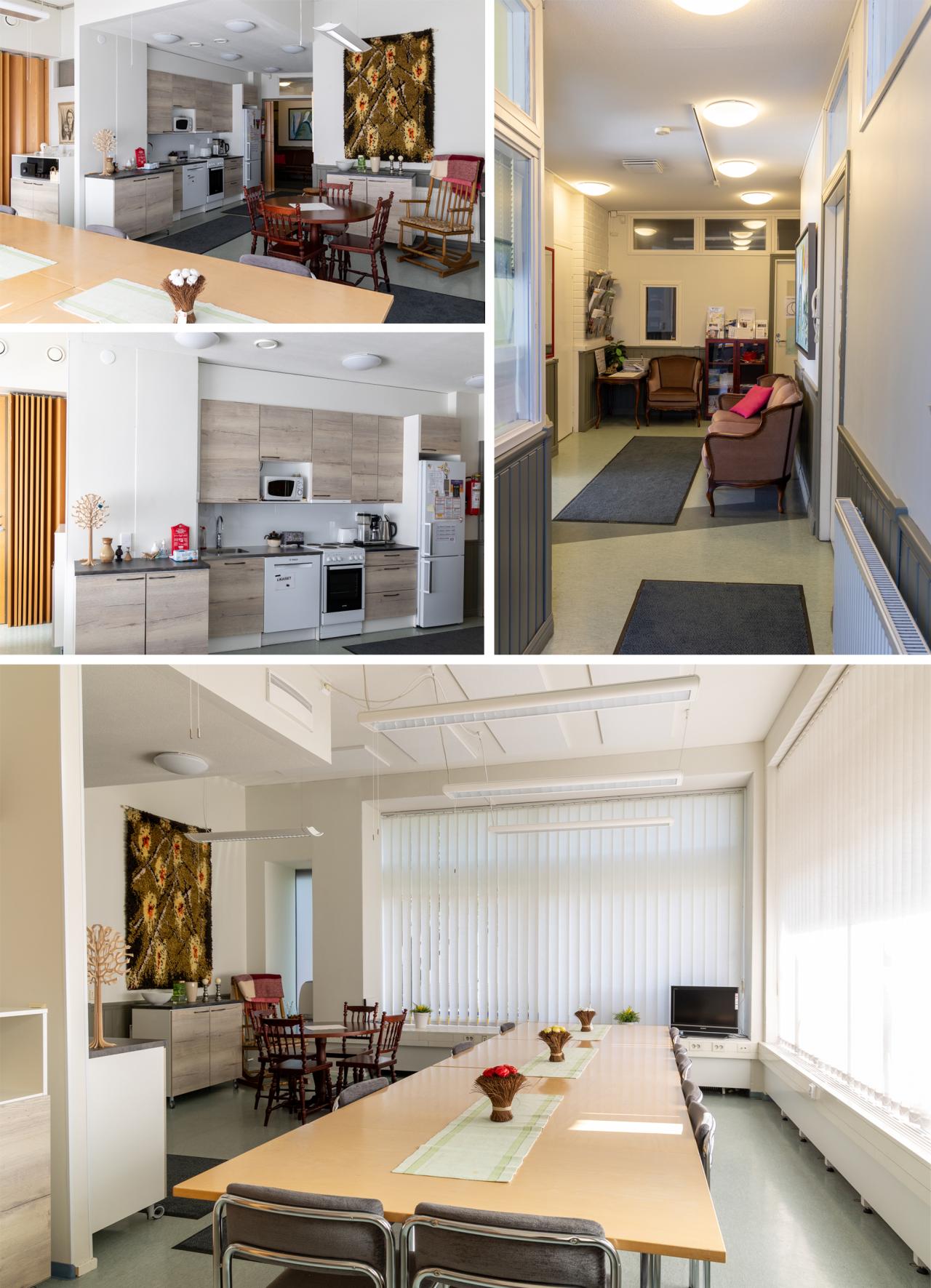 Kuvakollaasi yhdistyksen toimitiloista, keittiö, eteinen ja kokoustila