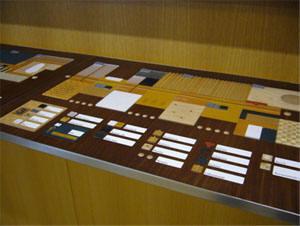 Kollaasimenetelmällä tehty kohokartta, jossa näkyy kerroksen eri tilat merkattuna eri materiaaleilla.