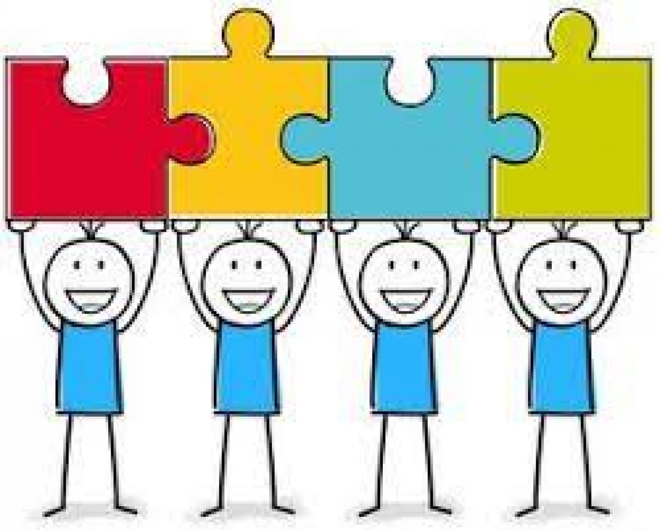 Piirretyt hahmot kannattelevat yhdessä yhtenäistettyjä palapelin osia