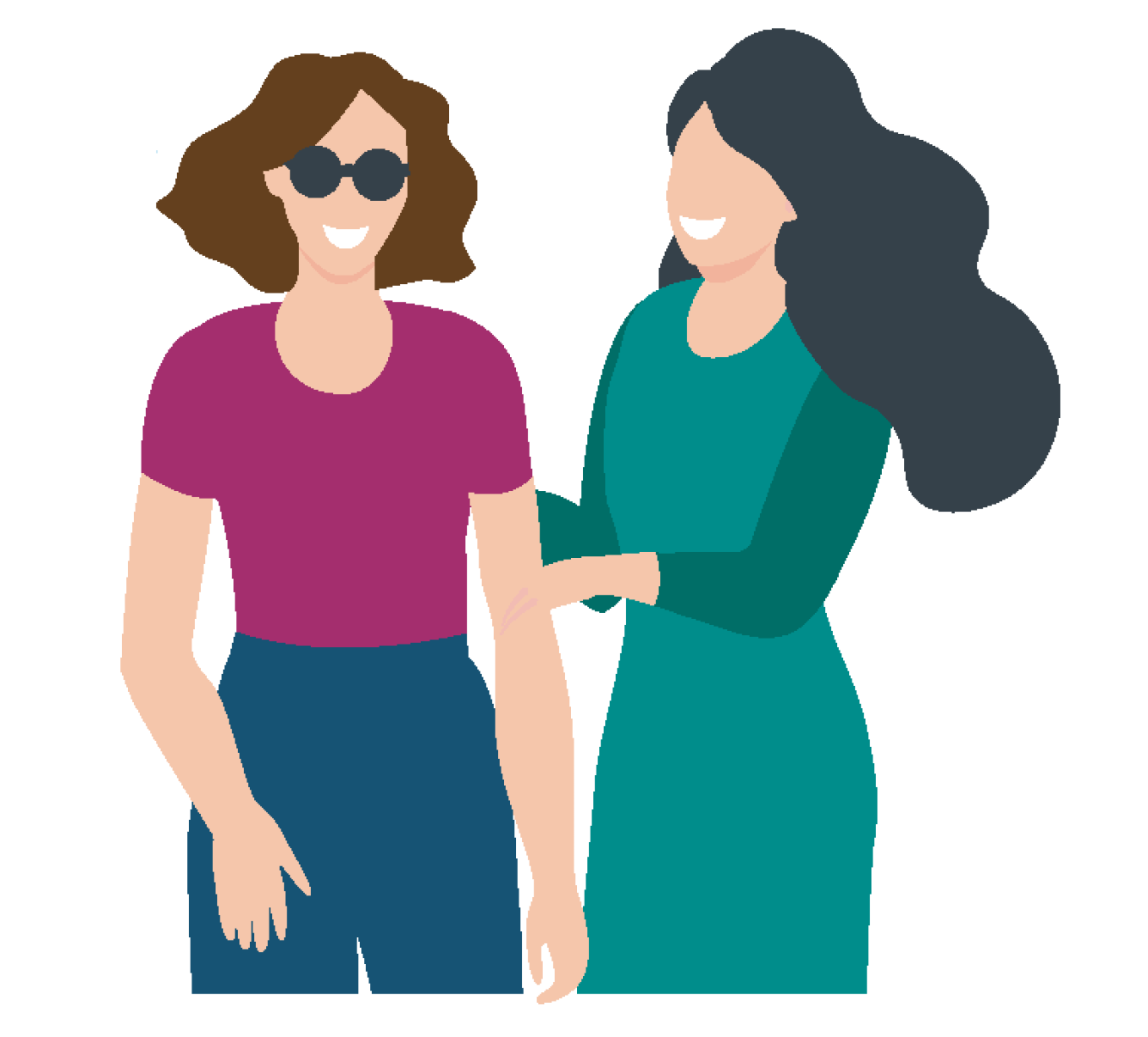 Kaksi naista, toisella valkoinen keppi ja mustat lasit.