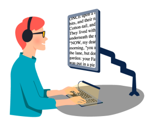 Piirroskuvassa henkilö tietokoneen ääressä kuulokkeet päässä. Näytöllä on isoa tekstiä.