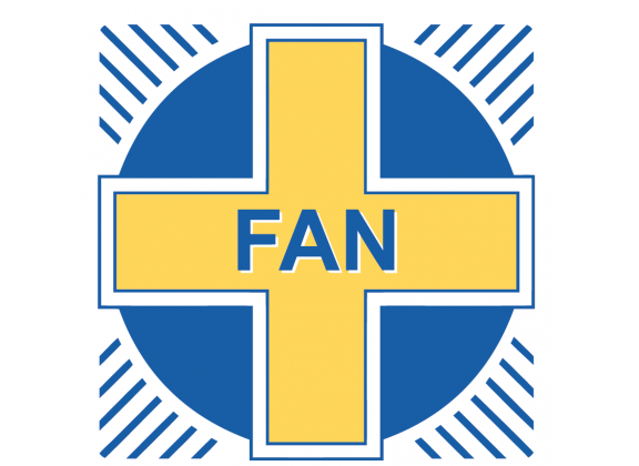 Fanin logo, keltainen risti sinisessä ympyrässä, keskellä teksti FAN
