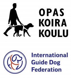 Opaskoirakoulun logo, jossa piirroskuva, jossa henkilö ja opaskoira valjaissa, sekä International Guide Dog Federationin logo, jossa piirroskuva koirasta valjaissa.